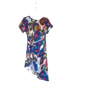 Alton Gray Floral Twist Front Asymmetrical  Sheer Hem Dress Multicolor Size M